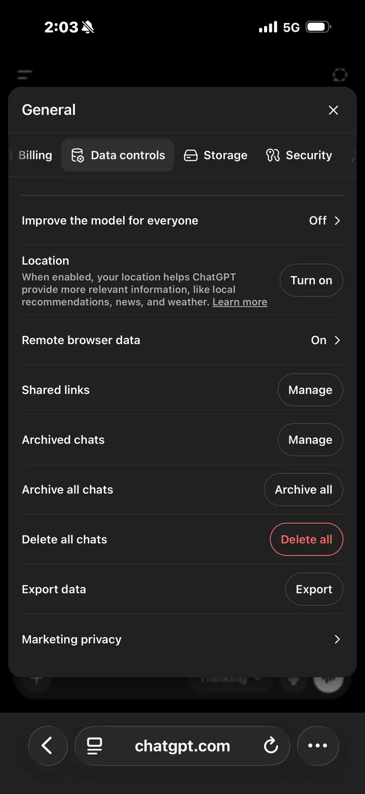 The ChatGPT iPhone app Data Controls screen, with the Export data button.